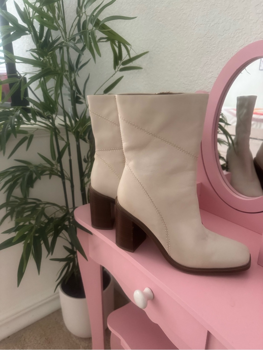 Franco Sarto Cream & Gold Zip Mid-Calf Block Heel Booties US 8 Soft Leather